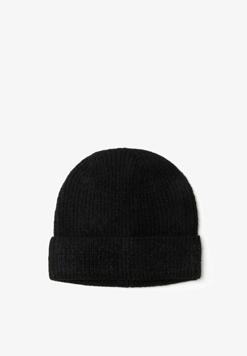Bonnet en tricot noir avec une texture côtelée et un revers replié. Fabriqué en matériau doux, il présente une finition lisse et un design minimaliste.