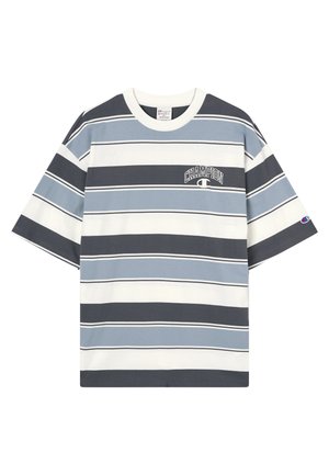 Short-sleeve crew neck shirt with horizontal gray, blue, and white stripes, featuring "Champion" logo on chest and sleeve.