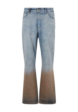 Lichtblauwe denim flare pants met een geleidelijke ombre-effect naar bruin bij de zoom, vijf zakken ontwerp en metalen knoopsluiting.