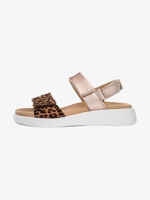 Women's open-toe sandal with thick white sole, metallic rose gold ankle strap, and leopard print front strap with Velcro closure.