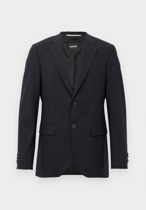 Dark grey tailored blazer with subtle check pattern, notch lapels, two front buttons, flap pockets, and branded inner label.