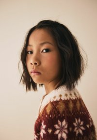 Strickpullover in Rot-, Braun- und Creme-Tönen mit floralem und sternförmigem Muster. Das Modell hat kurzes, welliges, dunkles Haar und einen neutralen Hintergrund.