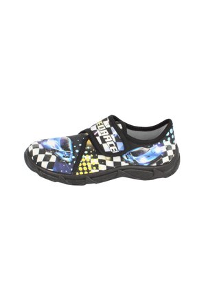 Black and colorful kids' sneaker with velcro strap, checkered and dotted patterns, blue race car graphics, and the word "RACE" on the strap.