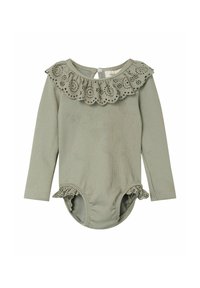 Långärmad bodysuit i dämpad grön, med en spetskantad volangkrage och volangöppningar vid benen, tillverkad av ribbat tyg.