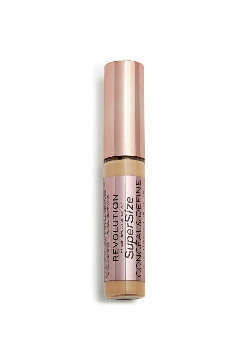 Revolution SuperSize Conceal & Define, en cylinderformet beholder med en mat rosaguld kapsel, rummer en cremet beige concealer med en glat finish.