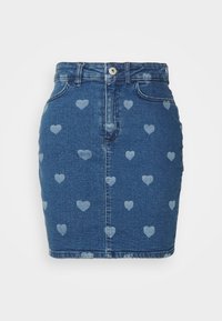 Jeanskjol med en åtsittande form, ljusblå hjärtmönster, femficksdesign och knäppning med knapp och dragkedja.