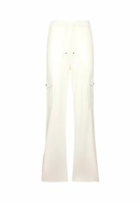 Pantaloni cargo bianchi realizzati in tessuto morbido, con vita regolabile con coulisse, gamba ampia e due tasche laterali con accenti a bottone.