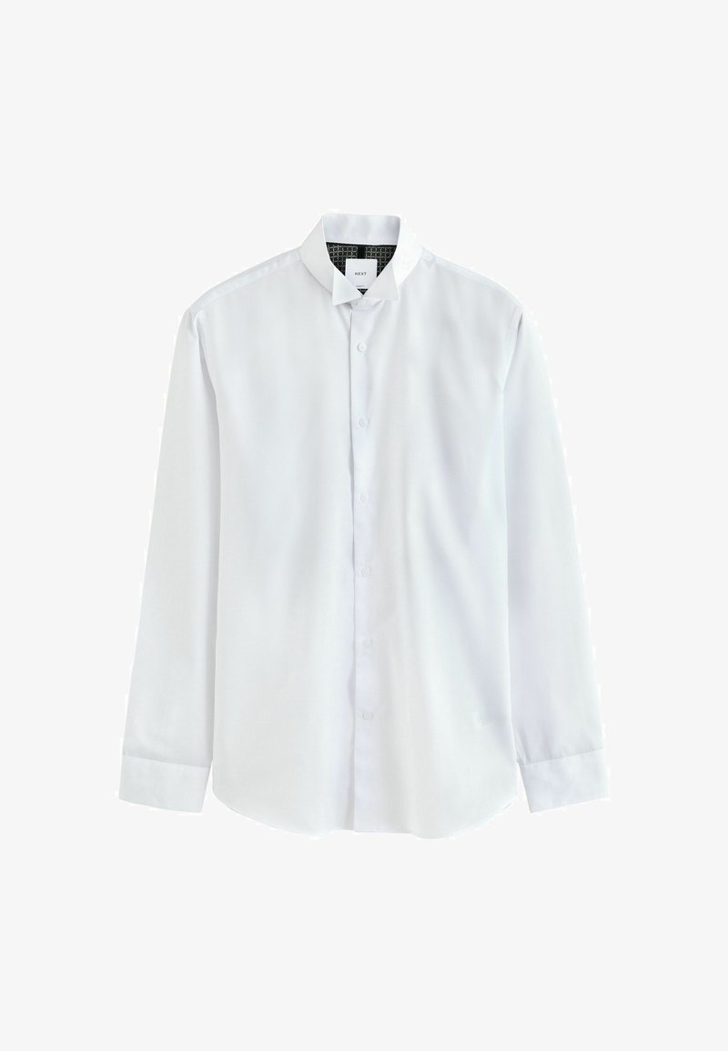 Balta ilgomis rankovėmis marškiniai su klasikiniu apykaklės dizainu, sagų uždarymu ir lygiu audinio tekstūru. Apykaklėje yra juoda raštuota pamušalas.