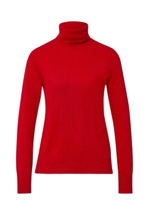 Red turtleneck sweater made of soft knit fabric, featuring long sleeves and a fitted silhouette with a ribbed collar and cuffs.