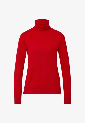 Red turtleneck sweater made of soft knit fabric, featuring long sleeves and a fitted silhouette with a ribbed collar and cuffs.