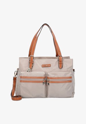 Borsa tote in nylon beige con manici in pelle marrone, due tasche frontali con zip e dettagli in metallo argentato. Presenta dettagli di cucitura a contrasto.
