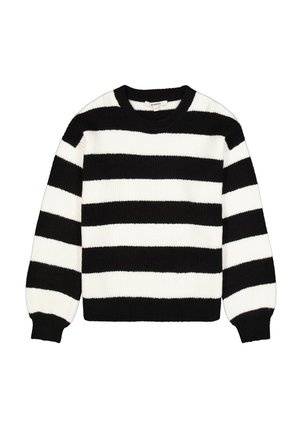 Suéter de rayas blancas y negras hecho de tela acanalada, con cuello redondo y mangas largas, con un ajuste ligeramente holgado.