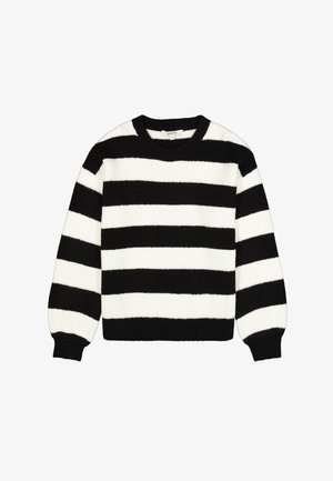 Pull à rayures noir et blanc en tissu côtelé, avec un col rond et des manches longues, offrant une coupe légèrement décontractée.