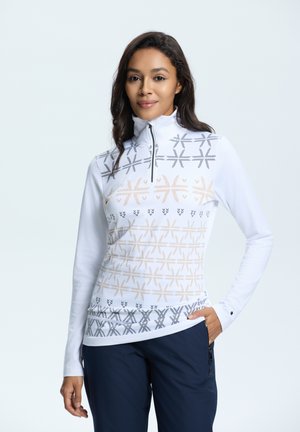 Witte lange mouw top met een half-rits kraag. Kenmerkt zich door geometrische patronen in grijze en perziktinten over de borst. Glad, sportief stof.