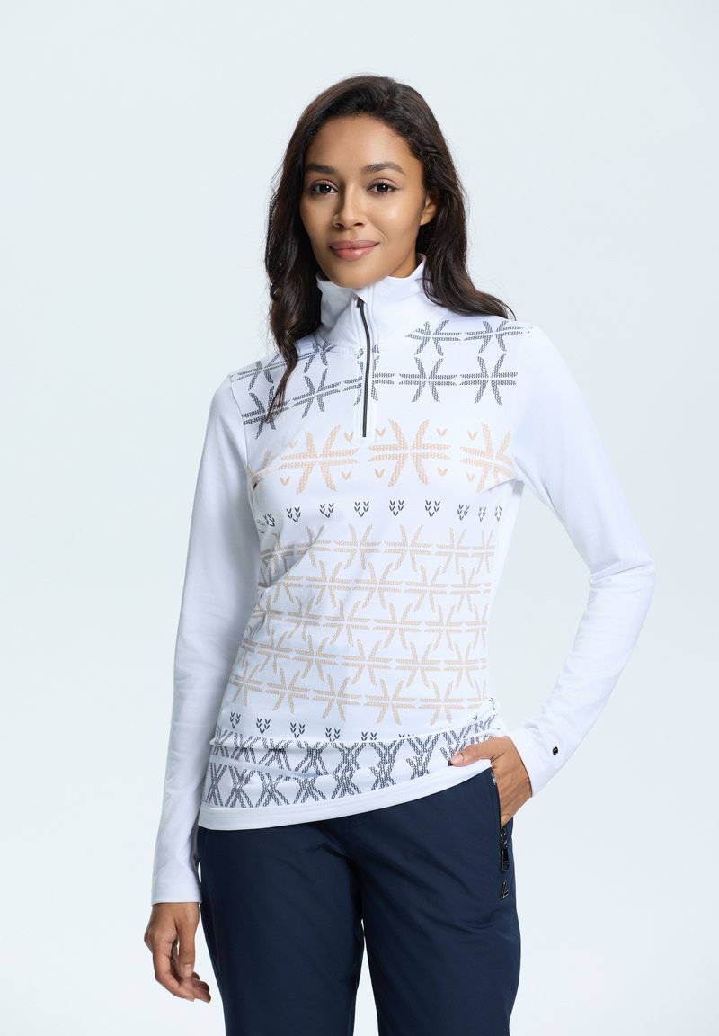 Biała bluzka z długim rękawem i kołnierzykiem na zamek błyskawiczny do połowy. Ozdobiona geometrycznymi wzorami w odcieniach szarości i brzoskwini na klatce piersiowej. Gładki, sportowy materiał.