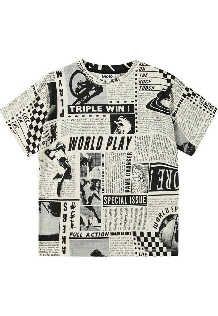 T-shirt med kort ärm som har ett svartvitt tidningstryckdesign, med olika grafiker och text, tillverkad av mjukt tyg.