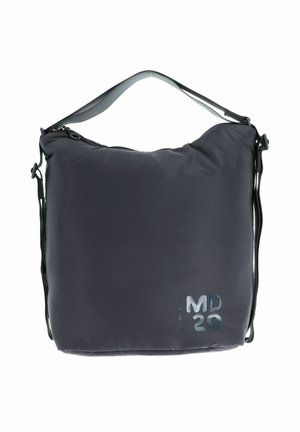 Sac en bandoulière noir rembourré avec fermeture éclair sur le dessus, sangle ajustable et logo "MD 20" en bas à droite.