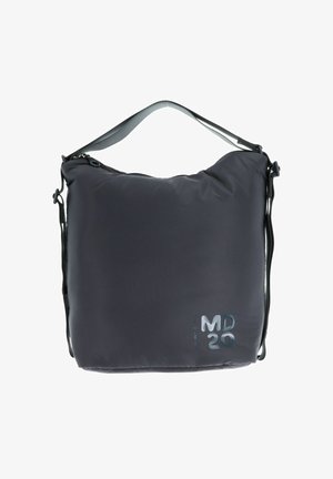 Sac en bandoulière noir rembourré avec fermeture éclair sur le dessus, sangle ajustable et logo "MD 20" en bas à droite.