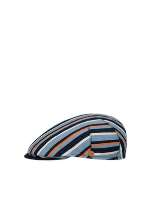 Flat cap with diagonal stripes in blue, black, white, and orange, featuring a small round orange logo on the side.