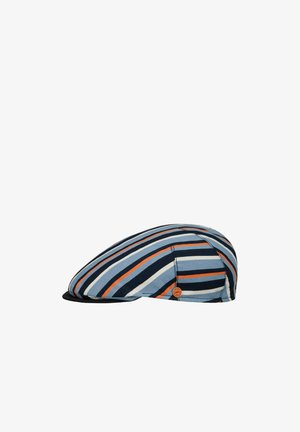Flat cap with diagonal stripes in blue, black, white, and orange, featuring a small round orange logo on the side.