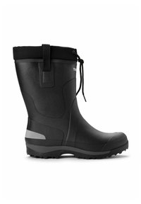 Musta vesitiivis kumisaapas, jossa on tekstuuripinta, pyöreä varvas ja merkittävä pitojalanpohja. Ylhäällä on kiristysnaru säätömahdollisuutta varten.