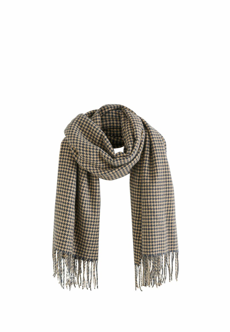 Houndstooth patterned scarf in brown and navy, made of soft fabric, featuring fringe detailing along the edges.