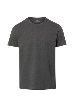 T-shirt in cotone grigio scuro a maniche corte con collo rotondo, dal design semplice e sobrio.