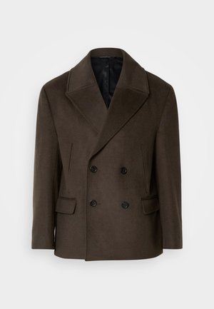Brun peacoat i uldblanding. Dobbeltbrystet design med store sorte knapper, klippede reverser og to sidelommer. Glat sort foer.