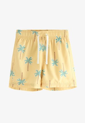 Pantaloncini da bagno gialli con stampe di palme blu-verdi e coulisse bianca in vita elasticizzata.