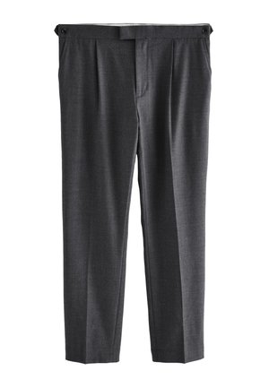 Dunkelgraue formelle Hose mit geradem Bein, vorderen Falten, seitlichen Knöpfen am Bund und verdecktem vorderen Verschluss.