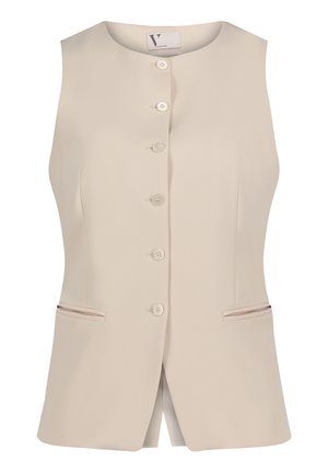 Gilet beige sur mesure sans manches avec encolure ronde, six boutons à l'avant, et deux poches fendues horizontales à la taille.