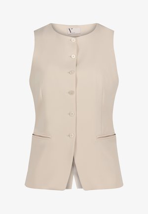 Ærmeløs beige skræddersyet vest med rund halsudskæring, seks knapper foran og to vandrette slidse lommer ved taljen.