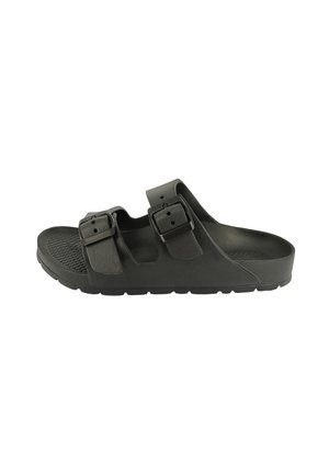 Schwarze Slip-On-Sandale mit strukturiertem Fußbett und zwei verstellbaren Schnallenriemen, für den Freizeitgebrauch konzipiert.