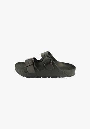 Schwarze Slip-On-Sandale mit strukturiertem Fußbett und zwei verstellbaren Schnallenriemen, für den Freizeitgebrauch konzipiert.