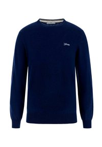 Granatowy długi rękaw sweter typu crewneck z małym białym haftem "Guess" na lewej piersi.