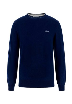 Marineblauer Langarm-Pullover mit Rundhalsausschnitt und kleinem weißen "Guess"-Logo, das auf der linken Brust gestickt ist.