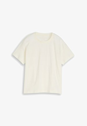 Effen gebroken-witte, korte mouwen, ronde hals t-shirt met een ontspannen pasvorm, getoond op een witte achtergrond.