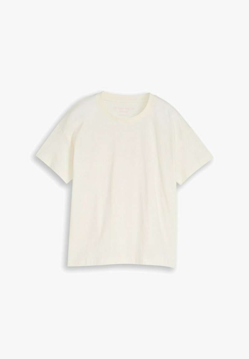 T-shirt uni de couleur blanc cassé, manches courtes, col rond, coupe décontractée, présenté sur fond blanc.