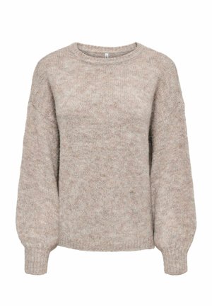 Pull en laine beige tricoté avec col rond et manches longues bouffantes avec poignets côtelés.
