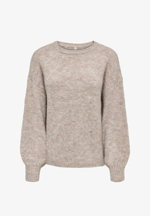 Pull en laine beige tricoté avec col rond et manches longues bouffantes avec poignets côtelés.