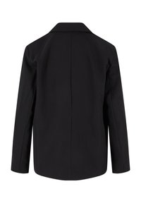 Veste noire à manches longues avec une couture centrale dans le dos et un col plat, vue de dos sur un fond blanc.