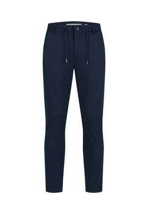Pantalon slim bleu marine avec fermeture à bouton et zip, taille à cordon de serrage, présenté sur fond blanc.