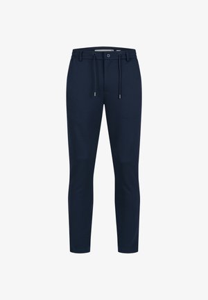 Pantalon slim bleu marine avec fermeture à bouton et zip, taille à cordon de serrage, présenté sur fond blanc.