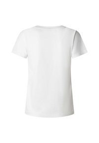 Biała bawełniana koszulka z krótkimi rękawami, okrągłym dekoltem i luźnym krojem. Gładka faktura, bez widocznych wzorów ani detali.