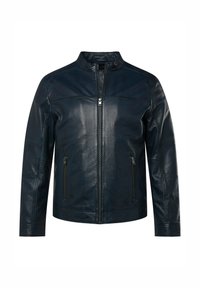 Marinblå läderjacka med ståkrage, framdragkedja och två sidofickor. Har paneler med sömmar och en slät textur.