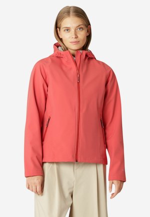 Red softshell jacket with a hood, zip front, and two side pockets. Features a smooth texture and tailored fit, suitable for outdoor wear.