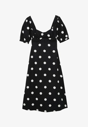 Melnas midi kleita ar baltiem punktiņiem, uzpūstas īsas piedurknes un sirsniņveida izgriezumu.