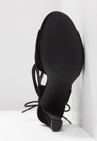Chaussure à talon noire pour femme avec semelle texturée et brides lacées, vue de dessous sur un fond d'angle blanc.