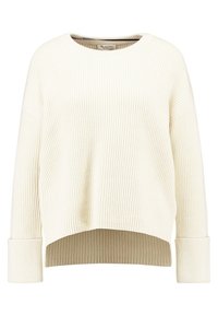 Rippstrickpullover in Off-White mit rundem Ausschnitt, überschnittenen Schultern und breiten Bündchen. Das Design ist kastig mit einer verkürzten Länge.