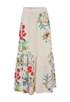 Maxirock mit Blumenmuster und Stufendesign, gefertigt aus leichtem Stoff. Verfügt über einen cremefarbenen Hintergrund mit roten, blauen und grünen Blumenmustern.